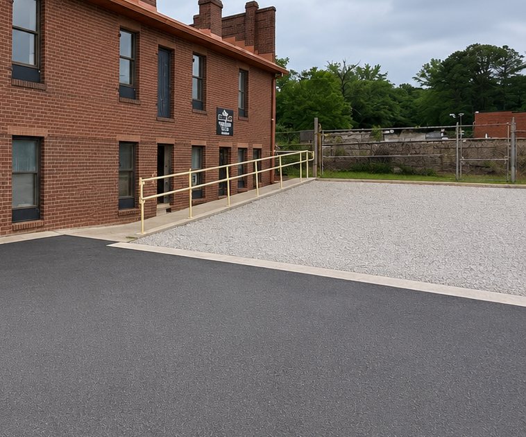 Gravel yard alongside the brick office building
